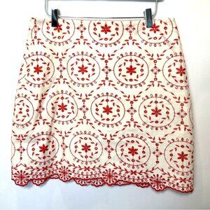 LOFT Outlet Scalloped Hem Embroidered Skirt Size 6 Red/Orange Floral Pattern